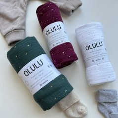 Olulu Akční set - zavinovací plenka tmavě zelená se zlatými proužky, klasická vínová a bílá se zlatými tečkami