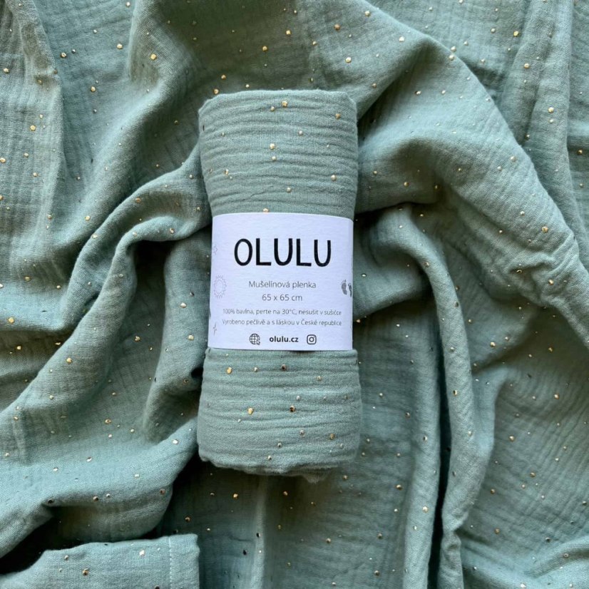Olulu Mušelínová plenka mentolová se zlatými tečkami