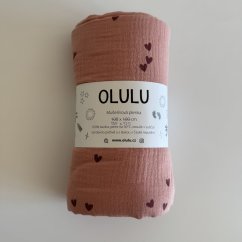 Zavinovací mušelínová plenka růžová s červenými srdíčky 135x130cm