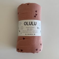 Zavinovací mušelínová plenka růžová s červenými srdíčky 135x130cm