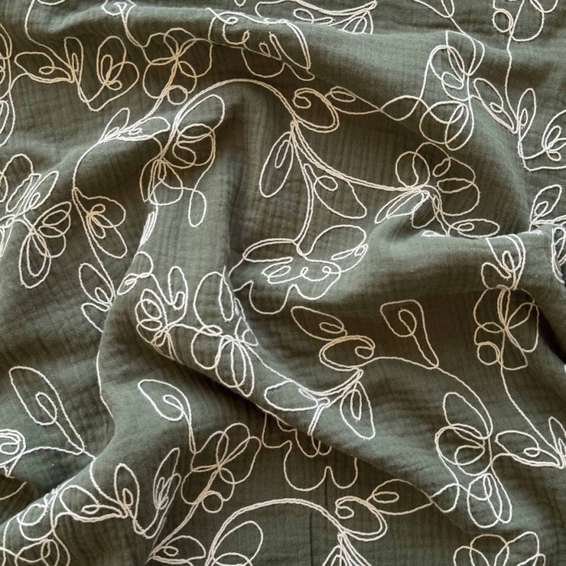 Olulu Mušelínová plenka khaki vyšívané květy