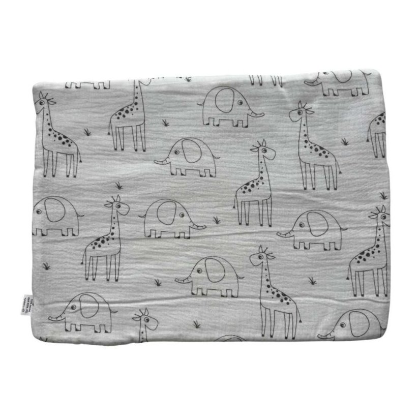 Olulu Mušelínový polštářek tenký bílé žirafky a sloni