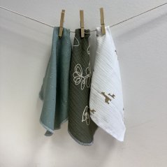 Olulu Sada mini plenek žirafky, mentolová se zlatými tečkami, khaki vyšívané květy