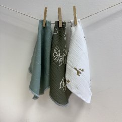 Olulu Sada mini plenek žirafky, mentolová se zlatými tečkami, khaki vyšívané květy