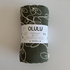 Olulu Zavinovací mušelínová plenka khaki vyšívané květy (130x100cm)