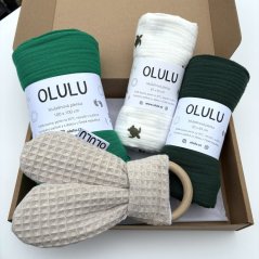 Olulu Akční set - zavinovací plenka zářivě zelená, klasická plenka želvičky a tmavě zelená, kousátko béžová vafle